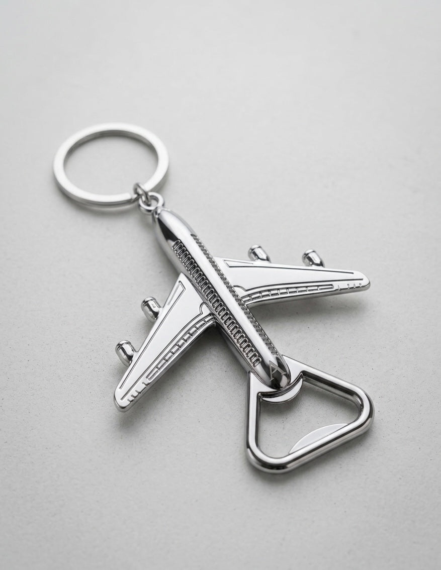 2-in-1 Jet Airliner Keychain & Bottle Opener – Polished Silver Travel Accessory
