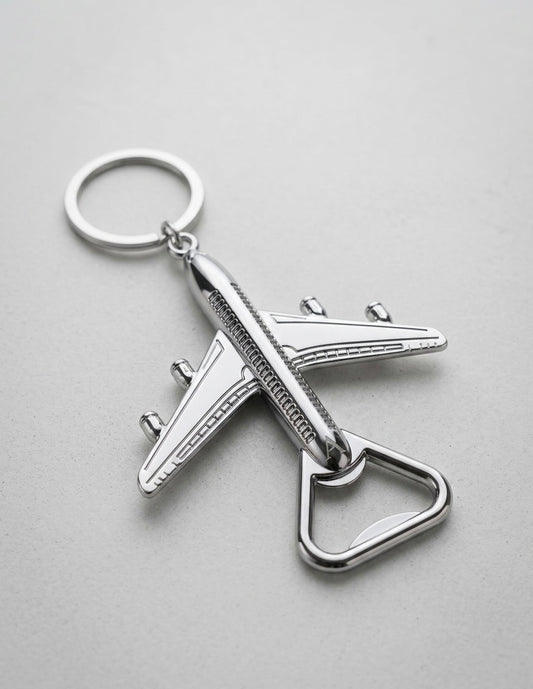 2-in-1 Jet Airliner Keychain & Bottle Opener – Polished Silver Travel Accessory