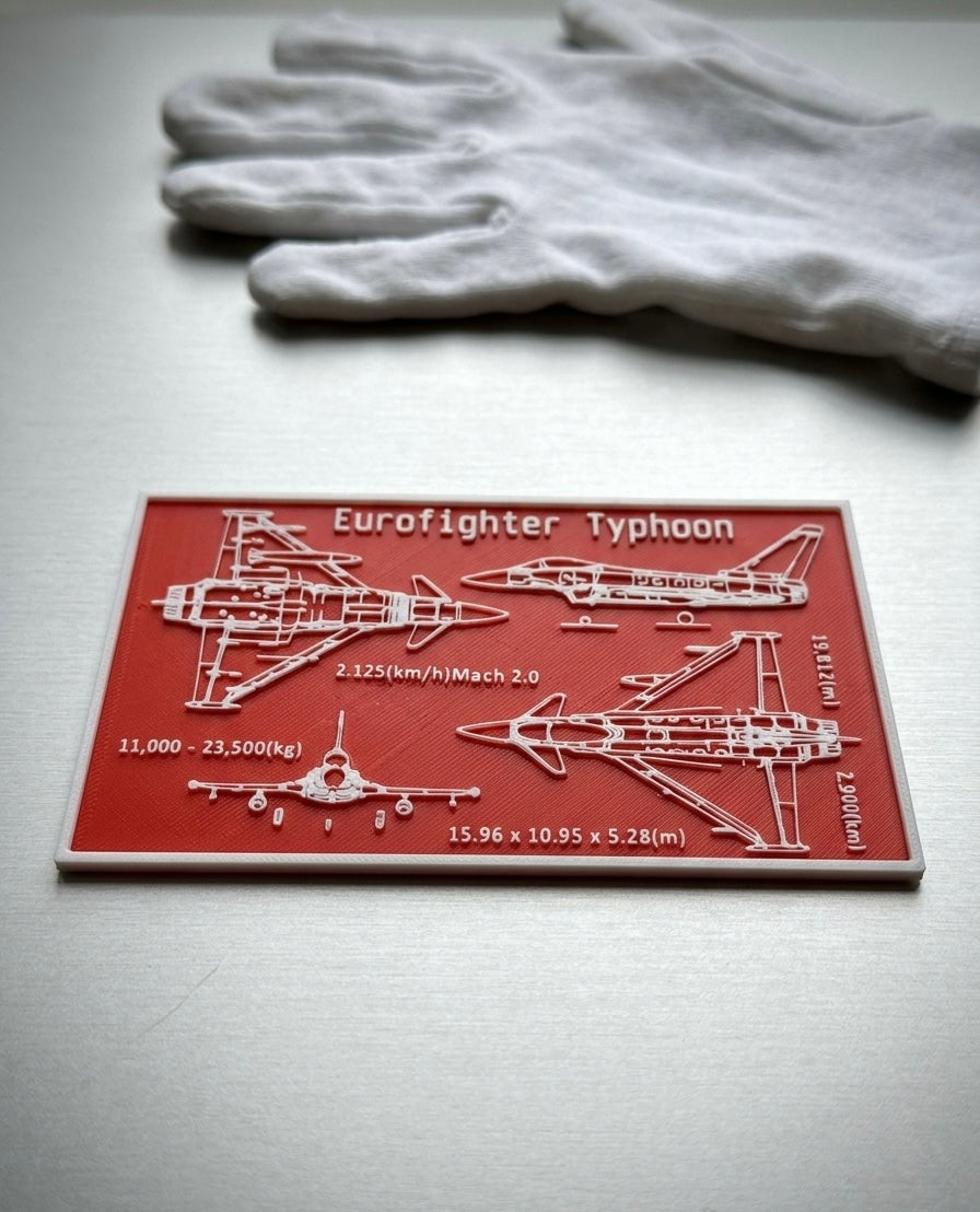 Eurofighter Typhoon Desktop Plaque – 3D Printed Aviation Blueprint Art