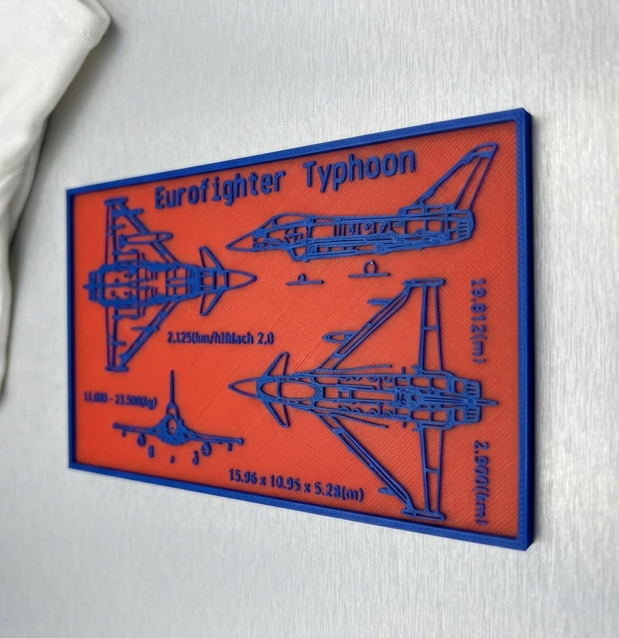 Eurofighter Typhoon Desktop Plaque – 3D Printed Aviation Blueprint Art