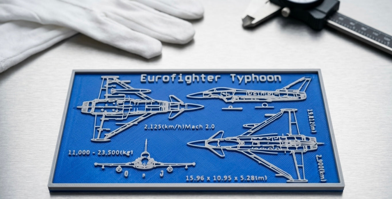 Eurofighter Typhoon Desktop Plaque – 3D Printed Aviation Blueprint Art